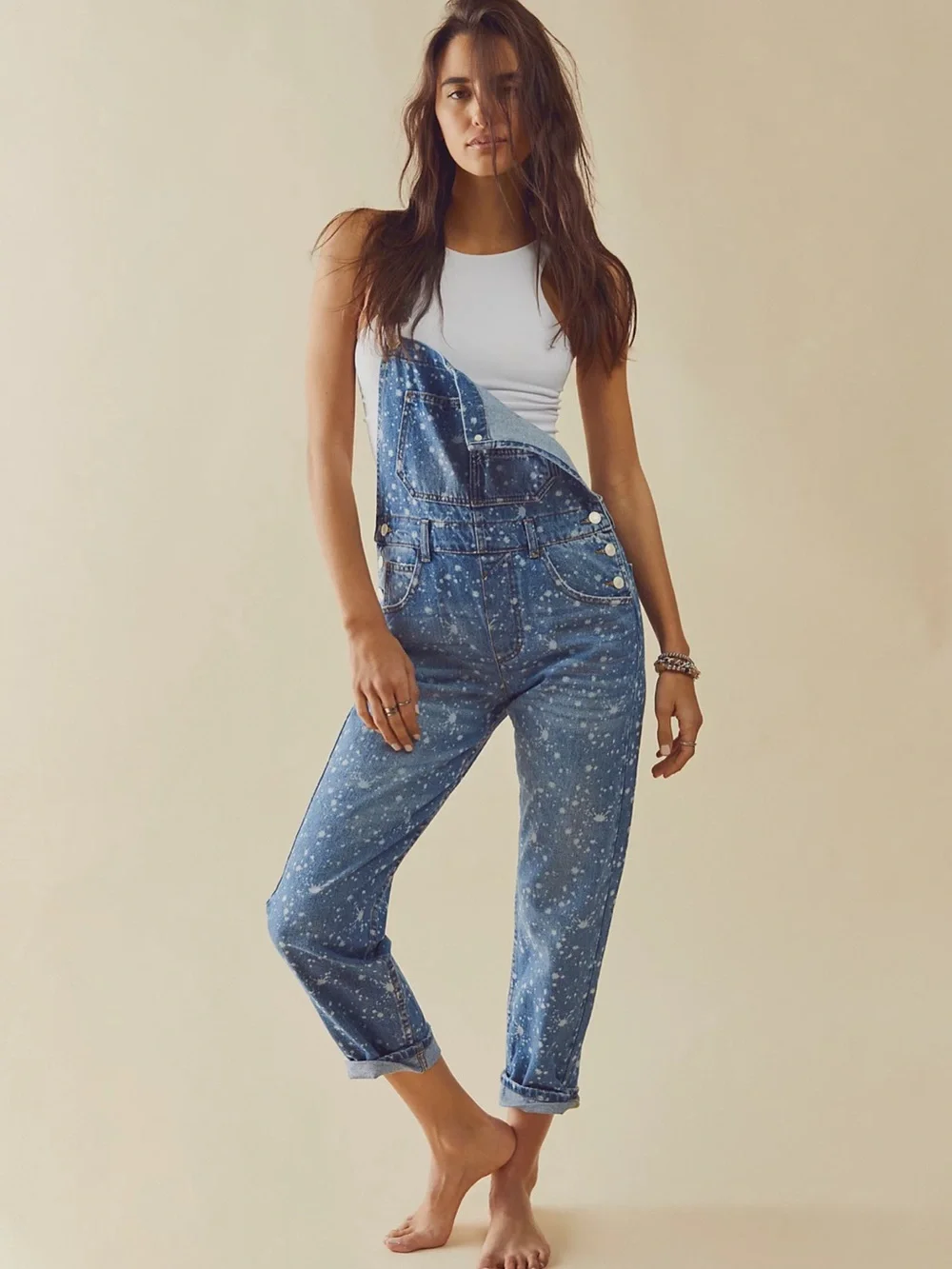 Free People We The Free Ziggy Bleach Splatter Denim Overalls Sold Out M - Picture 1 of 5